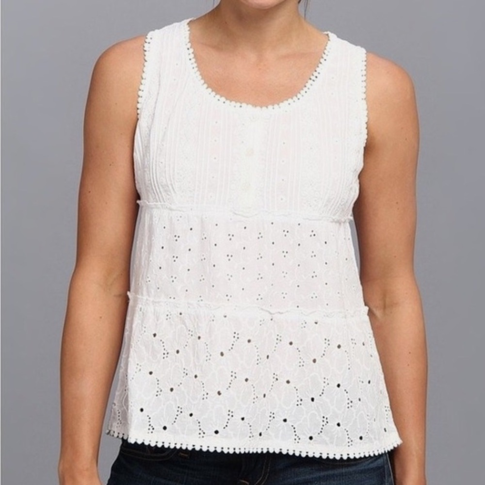 Prana Kendall White Eyelet Sleeveless Blouse Size L 100% Cotton Lace Boho Top
